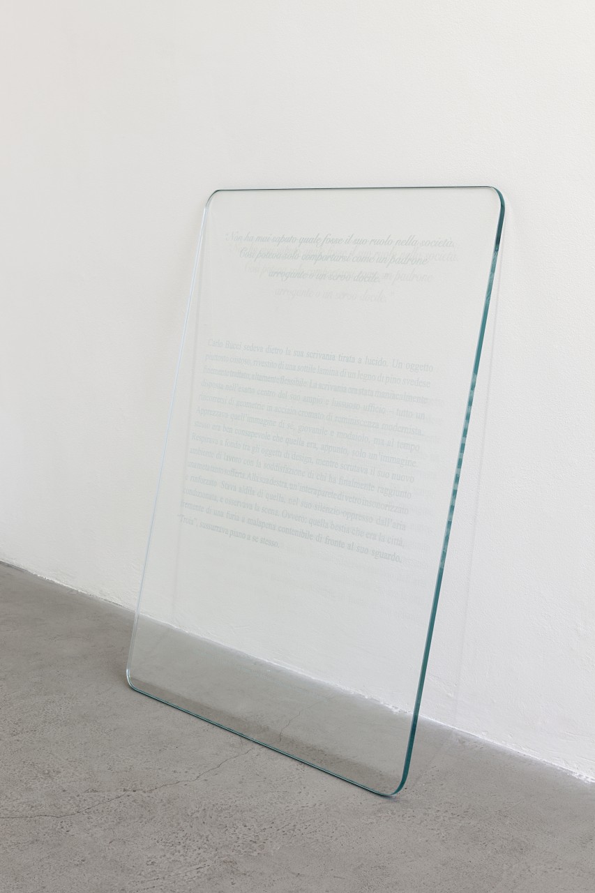 Hassan Khan, <i>Carlo Bucci</i>, 2015, etched transparent tempered glass, 120 x 100 x 1.8 cm. Courtesy of Gluck50. Ph. Andrea Rossetti