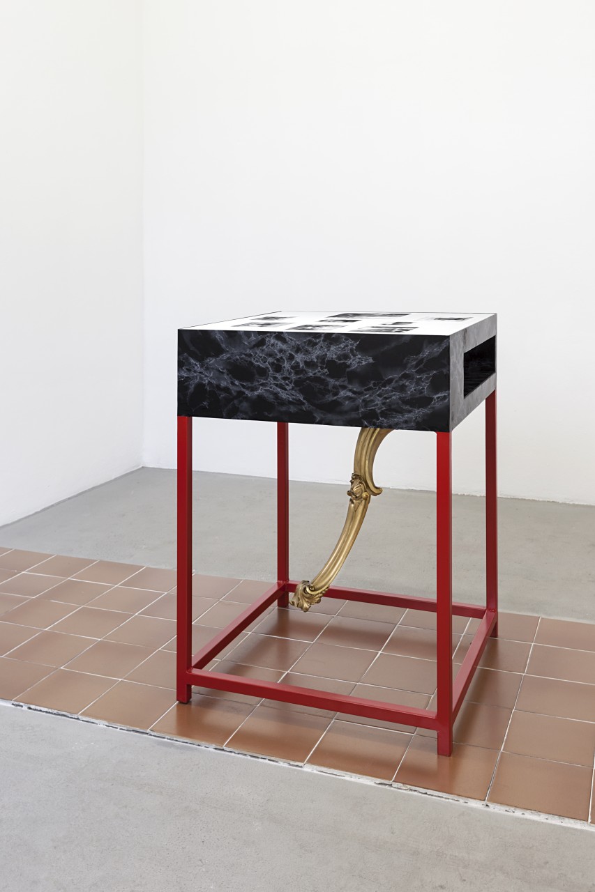 TENG Chao-Ming, <i>Made in Italy (Not Used to Still Have to Get Used to)</i>, 2015, found furniture part, metal structure, car paint, PVC film, digital inkjet print on archival paper, tempered glass, various objects, 70 x 70 x 95 cm. Courtesy of Gluck50. Ph. Andrea Rossetti